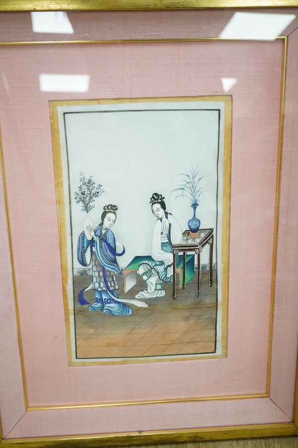 Chinese School, pair of pith paper paintings, Figures in interiors, 30 x 17cm. Condition - fair